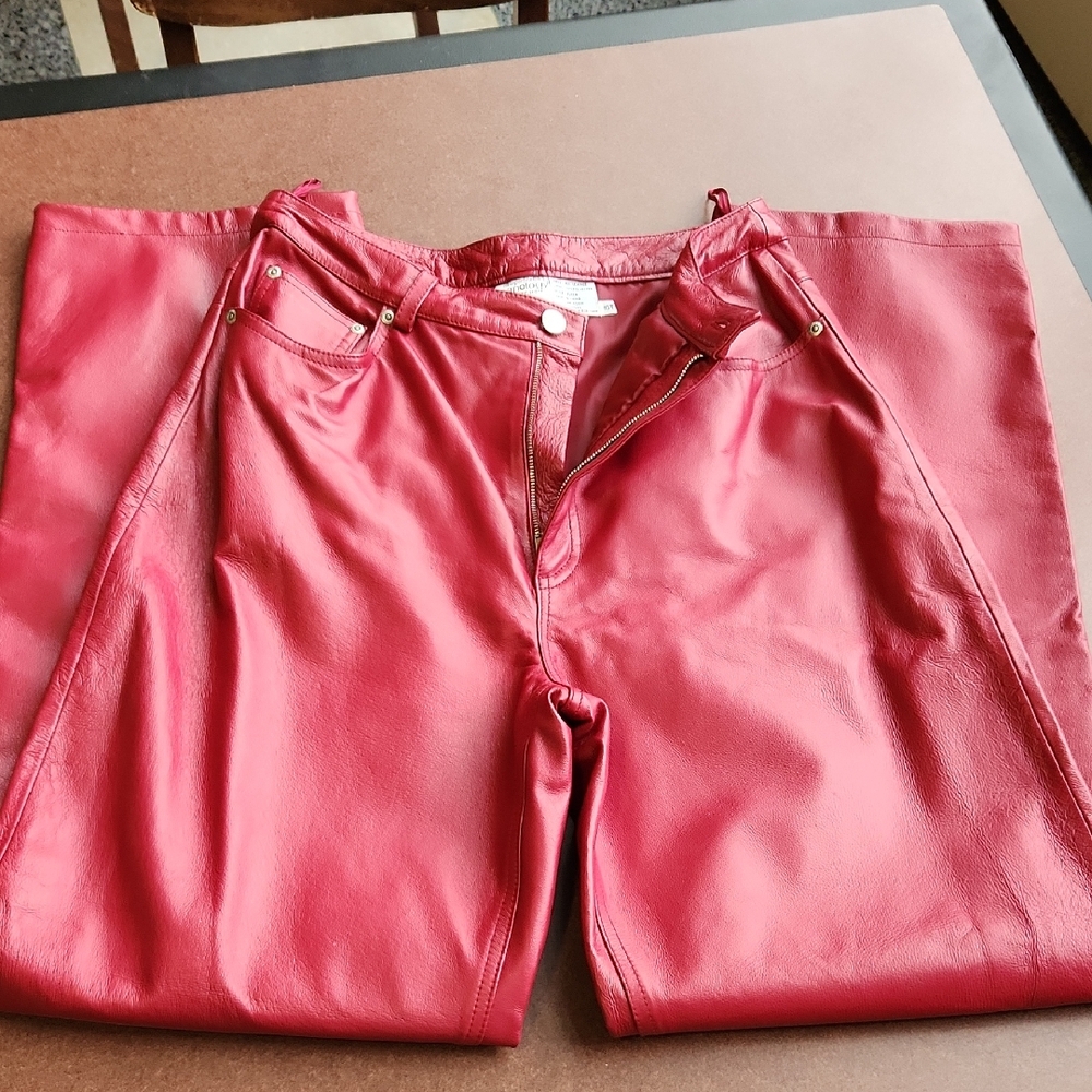 Jeanology Collection Women's Red Leather Straight Leg Pants